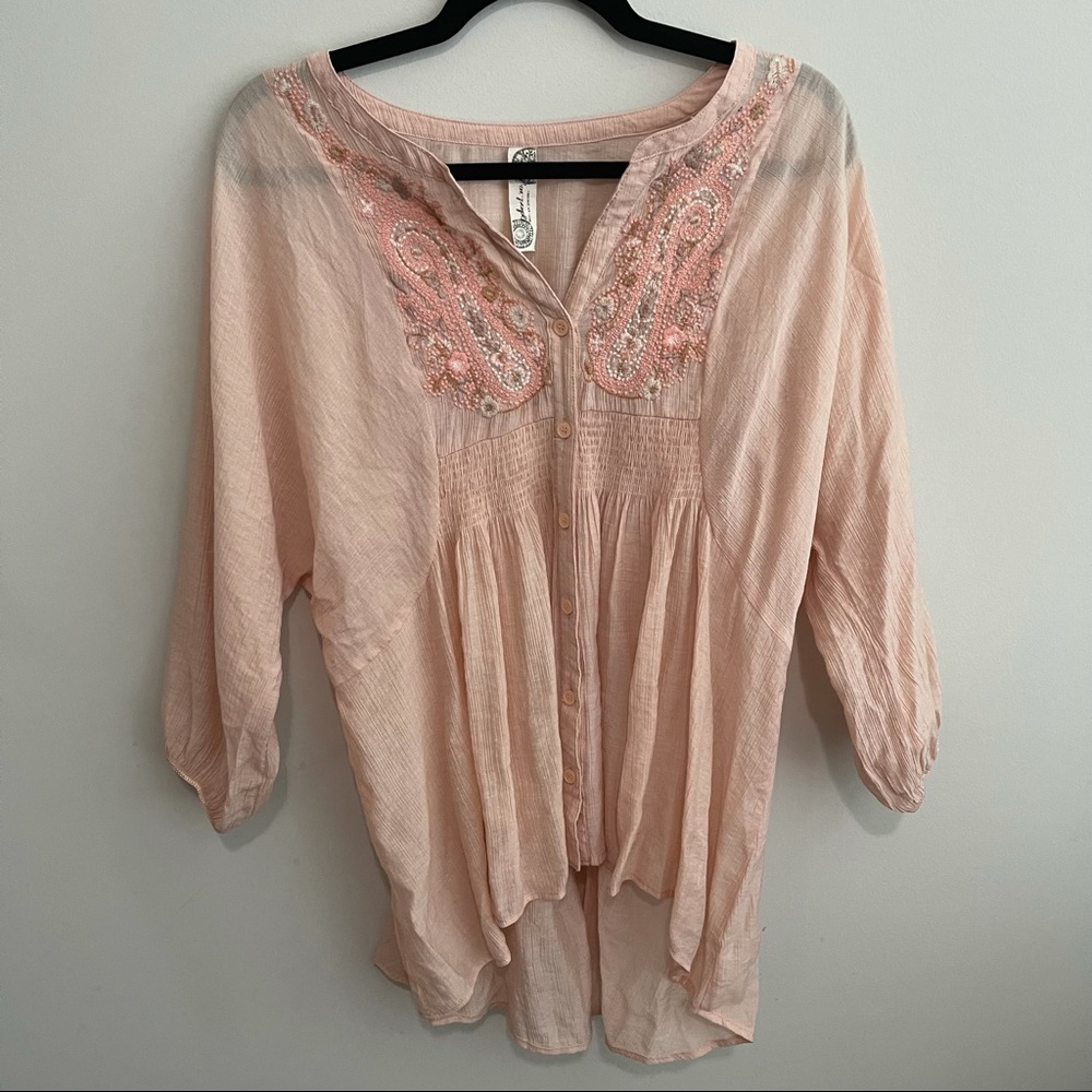 Free People Pink Embroidered Tunic Blouse